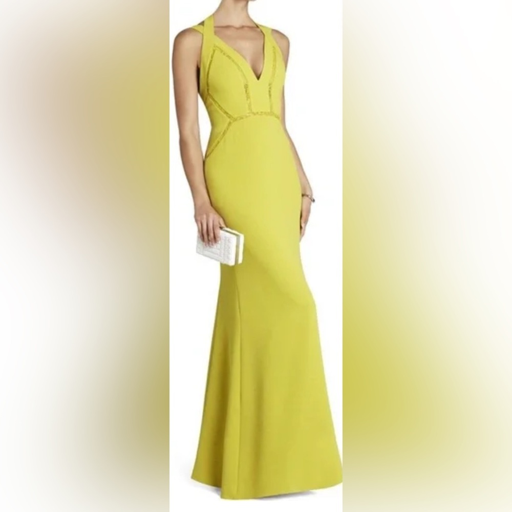 BCBGmaxazaria Penelope Halter V-Neck Long Gown golden olive